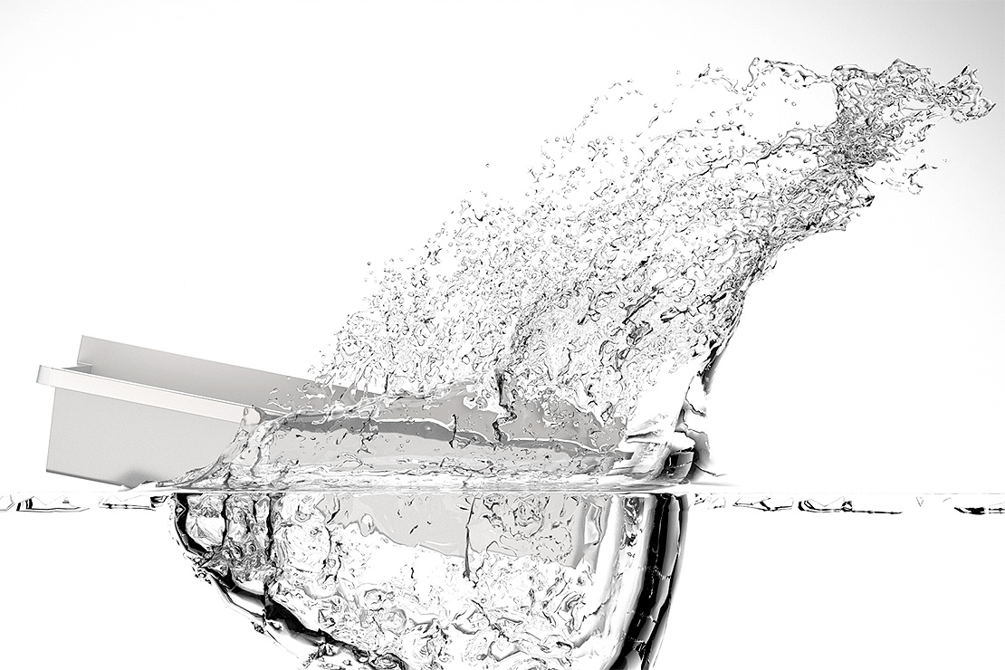 Lavatorio inox coletivo com splash de agua computacao grafica render 3d water basin wash hand