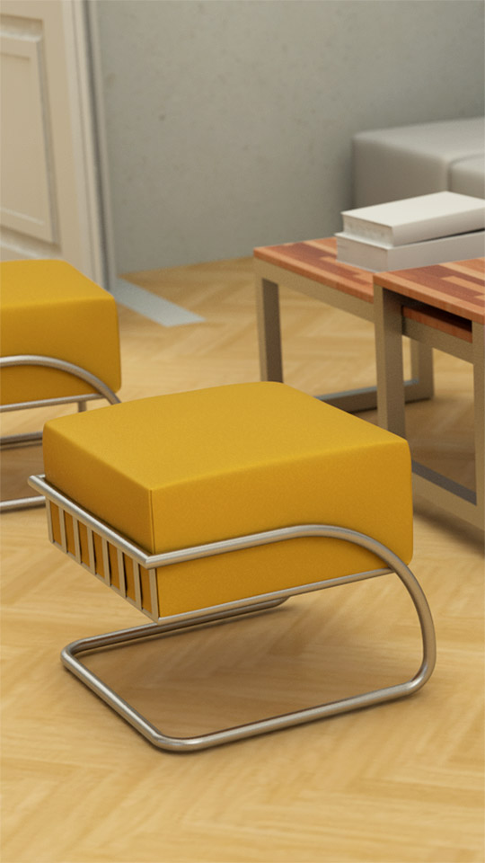 Puff Moderno Amarelo Mostarda quadrado em aço inox no piso de marmore ao lado da mesa de centro de aço inox e madeira