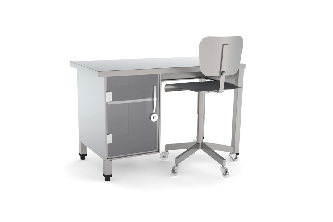 mesa de trabalho, cadeira de laboratório, render modo3d, aço inox, móveis para laboratório