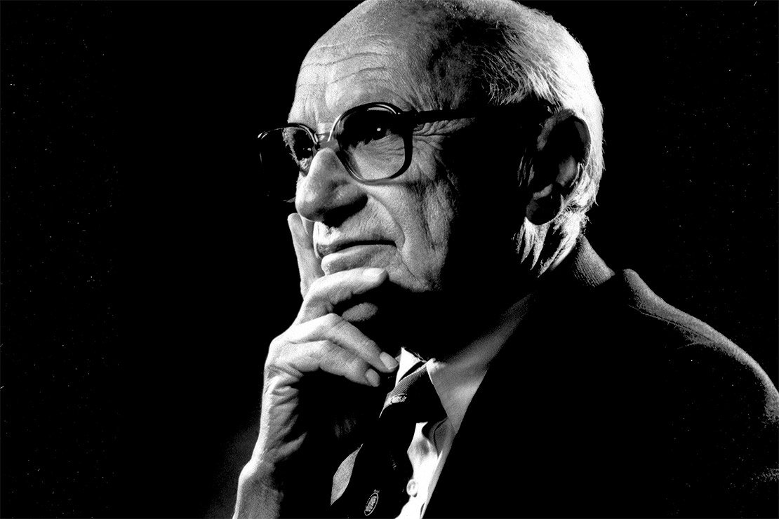 Retrato de Milton Friedman em um fundo escuro