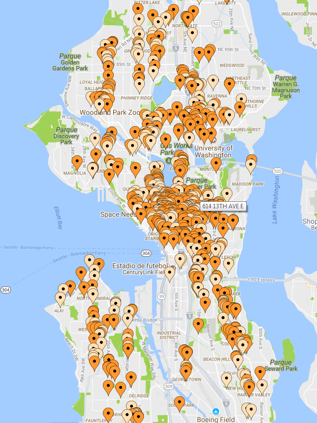 Mapa de construcoes na cidade de Seattle formando uma nova bolha