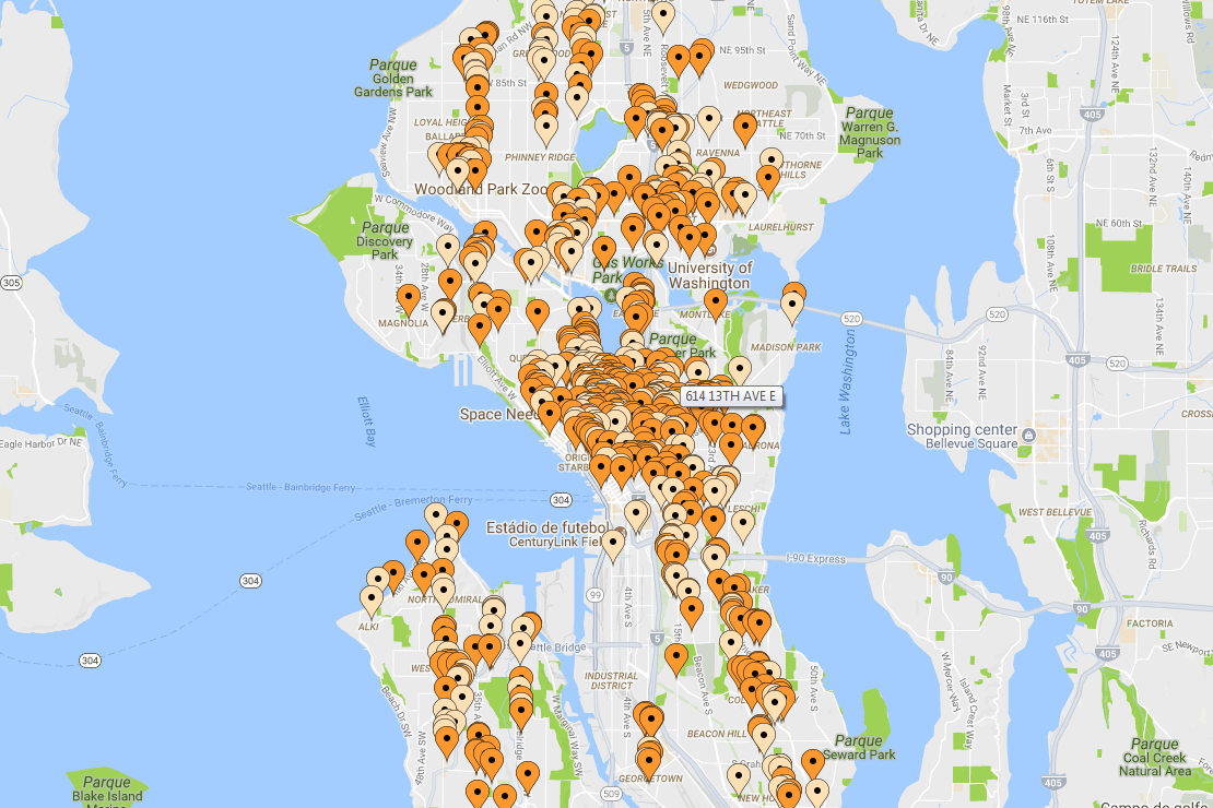 Mapa de construcoes na cidade de Seattle formando uma nova bolha