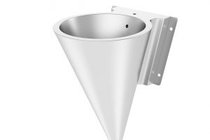 Mictório Moderno e criativo no formato conico em aço inox no fundo branco